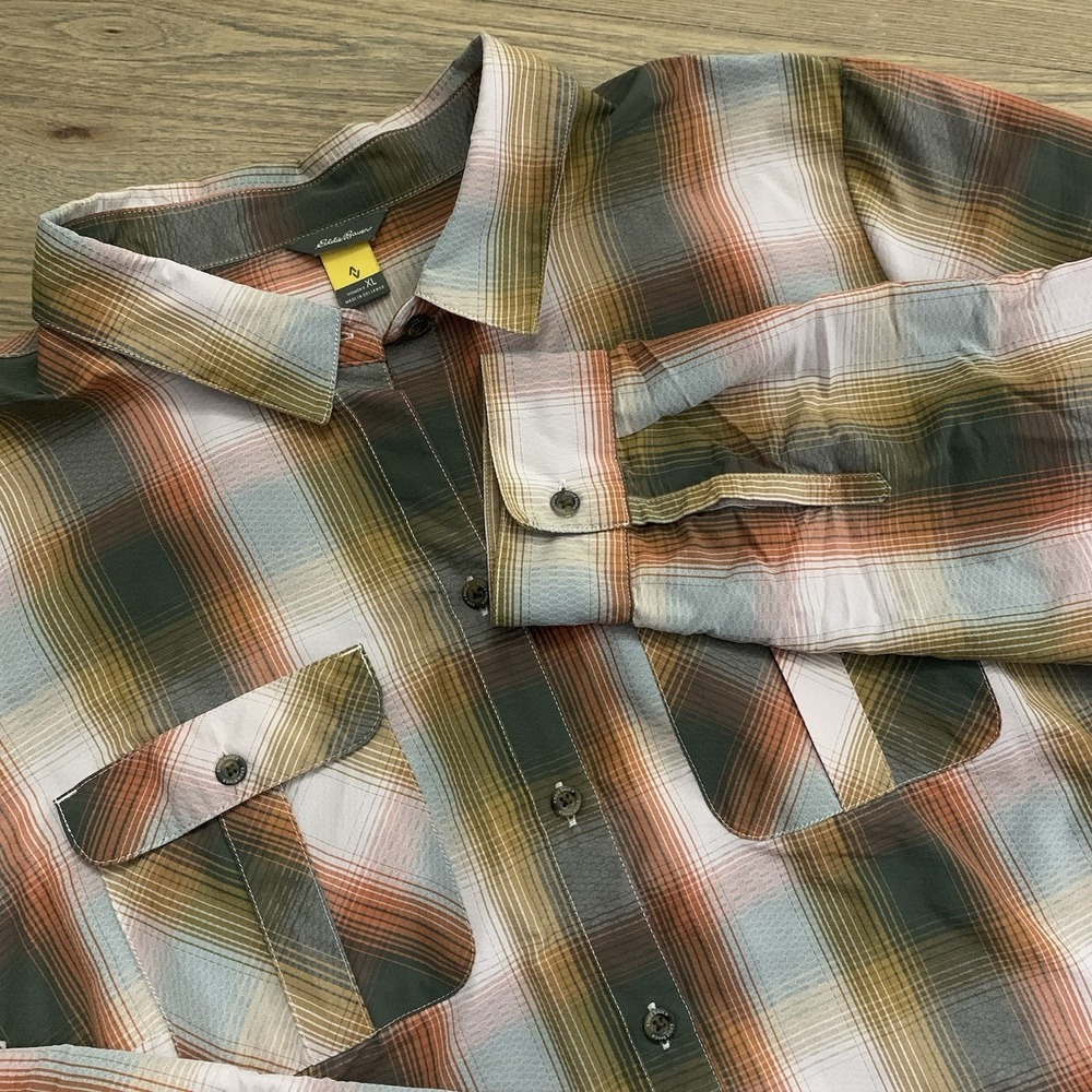 Eddie Bauer Travex Plaid Flannel Shirt Women's XL Tan Cream Rust Button Up - Picture 1 of 8